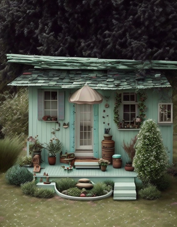 Small Teal Cottage with Weathered Roof Surrounded by Greenery and Garden Tools