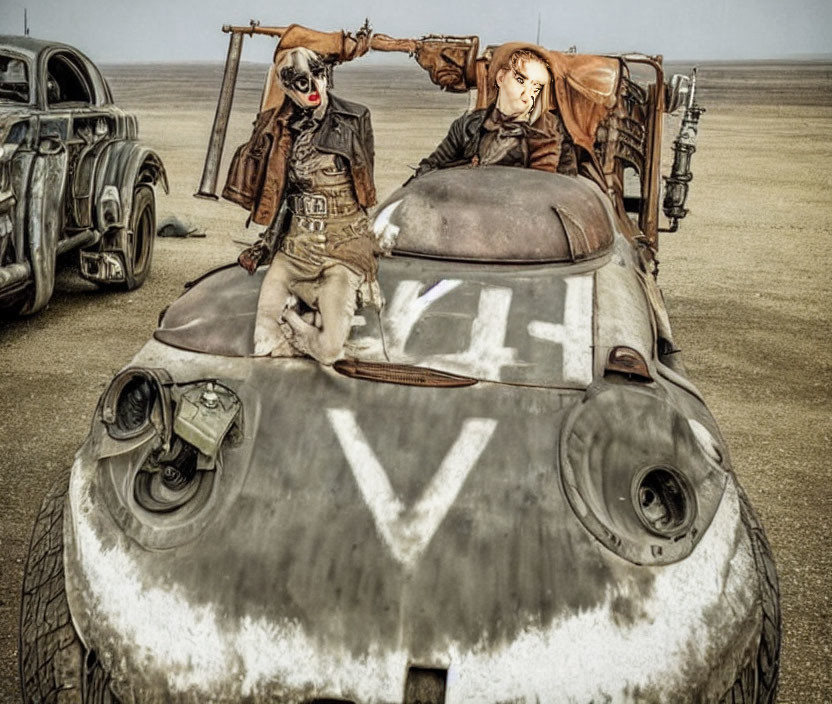 Two people in goggles with a weathered "V" car in a desert scene