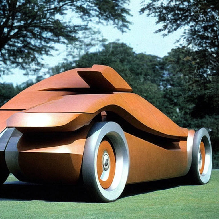 Sleek futuristic orange car with abstract shapes and white-rimmed wheels parked on grass
