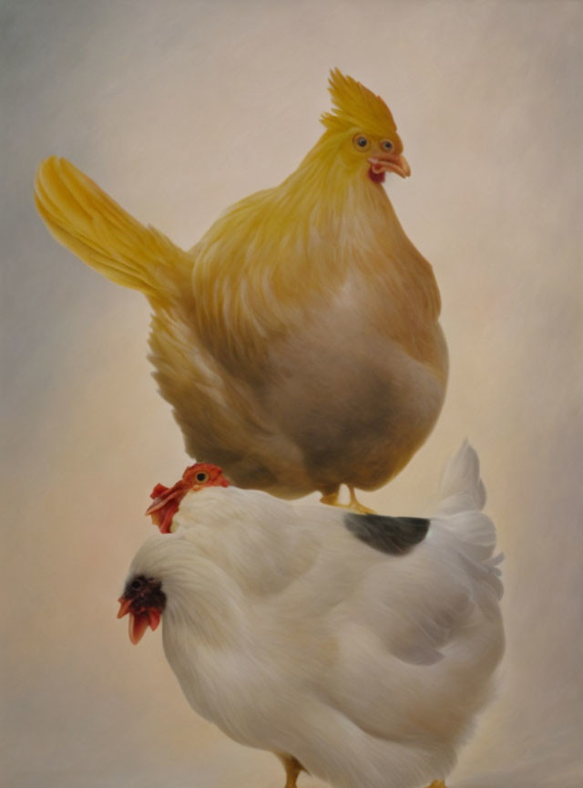 Large Yellow Chicken Standing on Smaller White Chicken Artwork