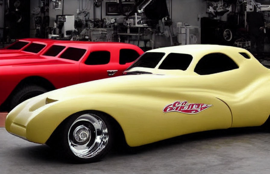 Custom yellow classic car and red sports car in garage with automotive equipment