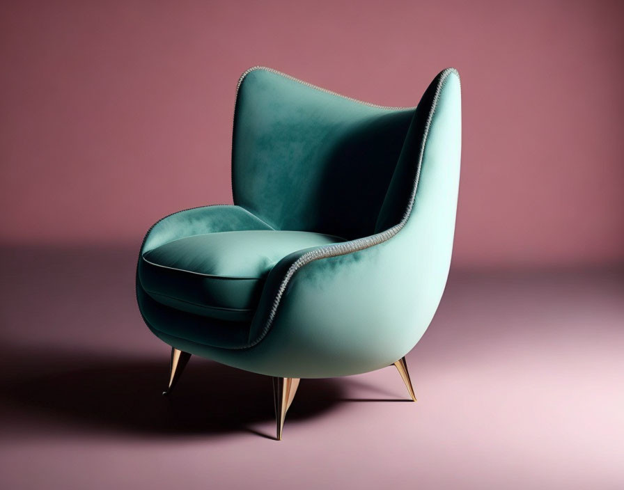 Teal Wingback Armchair with Brass Legs on Pink Background