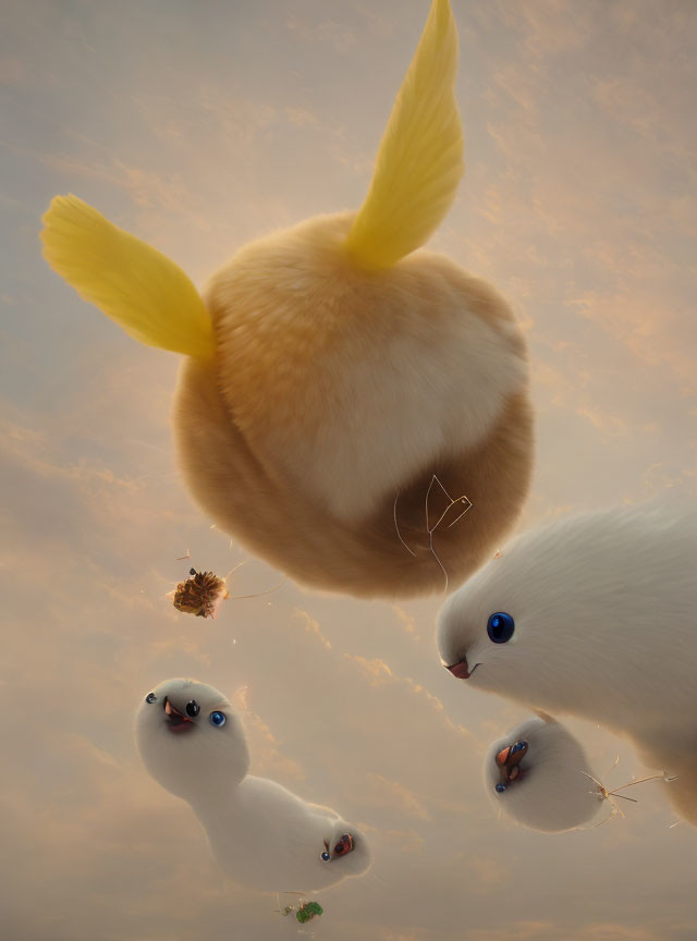 Fluffy creatures with large eyes and wings in surreal sky