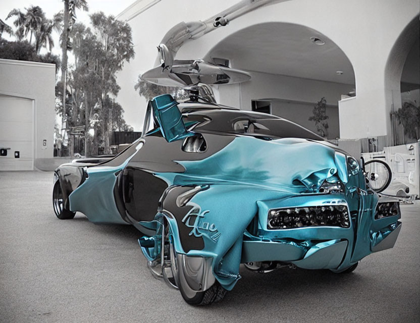 Teal and Black Futuristic Car with Hinged Roof, Parked by Palm Trees