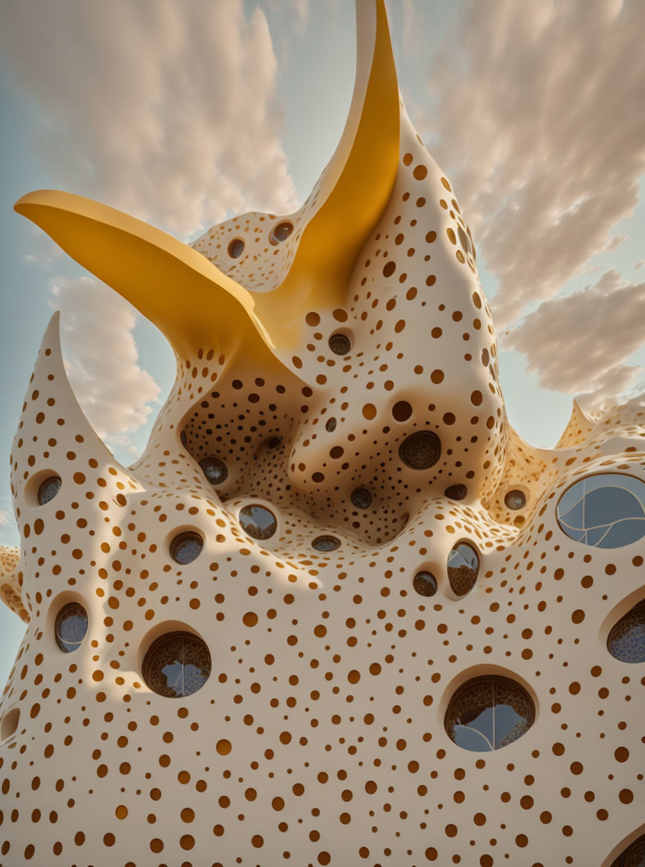 Surreal cheese-like structure with holes and spikes under fluffy cloud sky