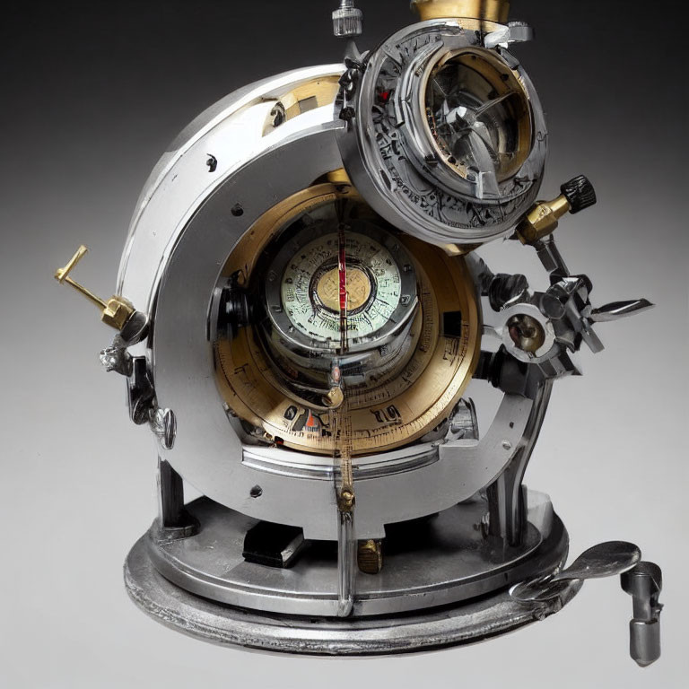 Brass maritime navigation instrument with dials, telescopes, and compass on metal base