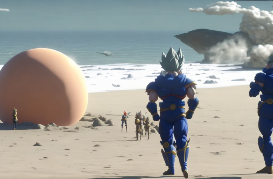 Blue-armored character gazes at large egg on beach with other animated figures.
