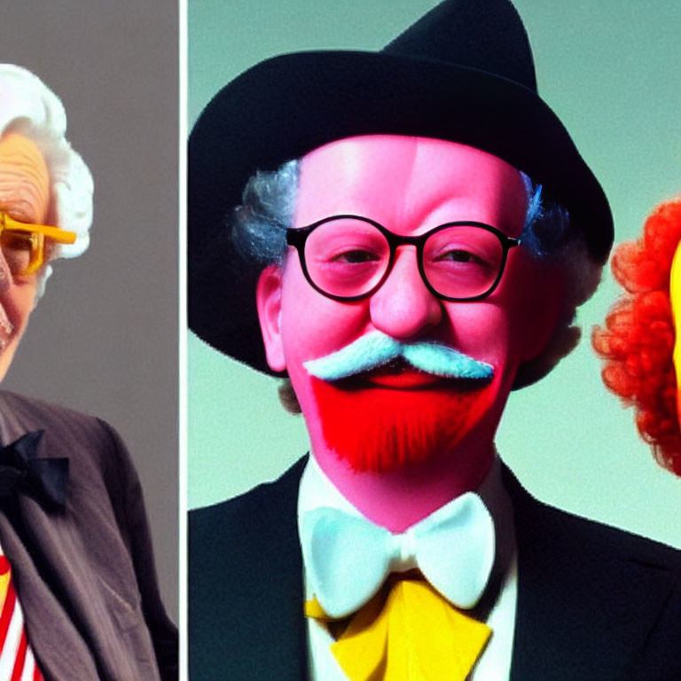 Split-image of elderly man with white hair resembling caricature figure, both with bowtie, glasses,