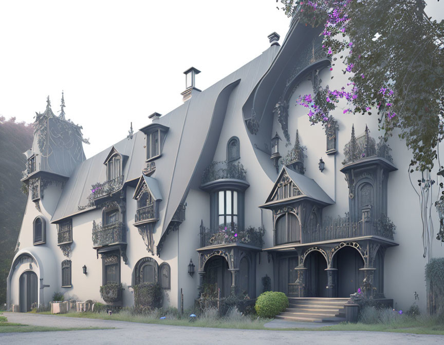 Whimsical 3D Rendering of Gothic Mansion with Flowering Vines