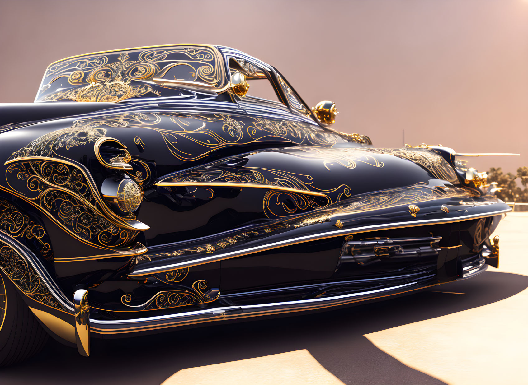 Vintage classic car with gold pinstripe detail under warm sky