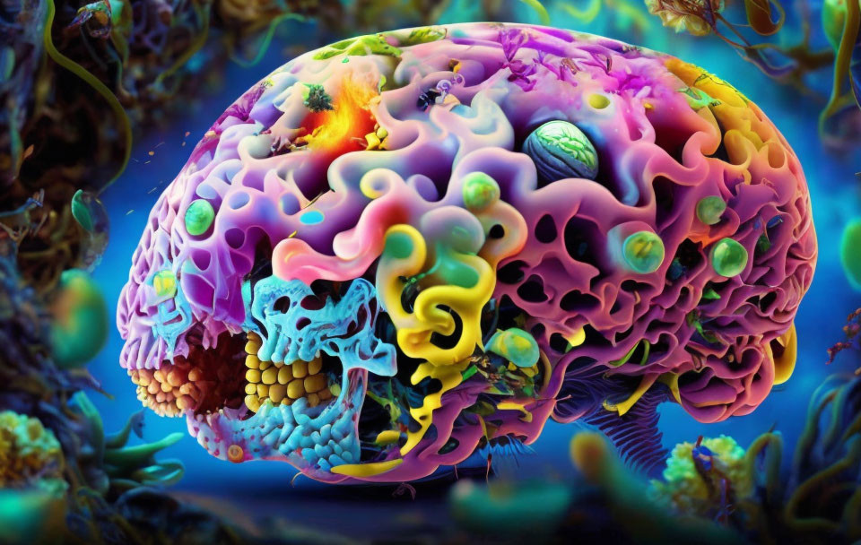 Vivid surrealistic human brain with abstract organic shapes in purples, pinks, yellows