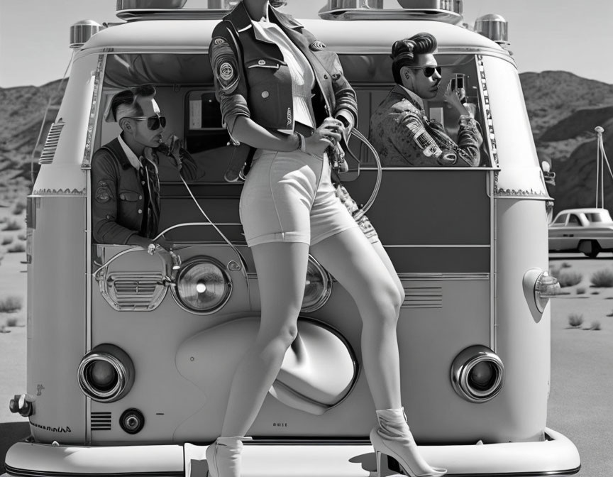 Three stylish individuals posing with a vintage van in desert setting