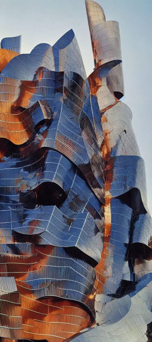 Abstract architectural structure with undulating metal panels in orange and blue hues at dusk