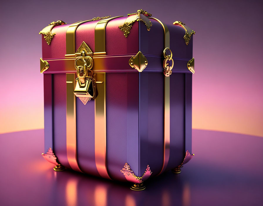 Luxurious Purple and Gold Striped Treasure Chest on Pinkish-Purple Background