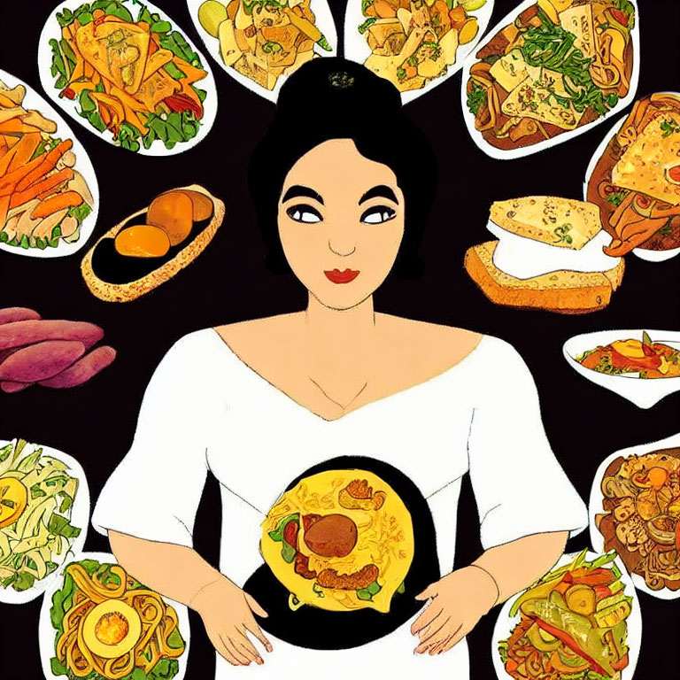 Woman surrounded by pasta, sandwiches, salads, and roasted chicken plate.