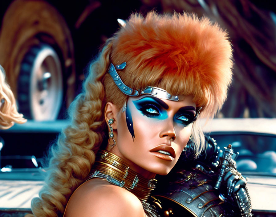 Futuristic female warrior in blue makeup and metallic armor against sci-fi backdrop