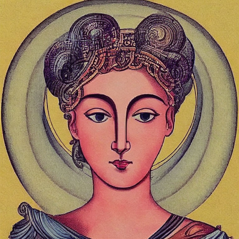 Stylized woman's face with large eyes and ornate hair on yellow background