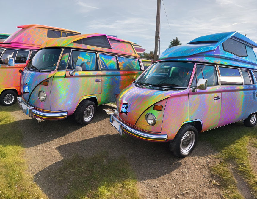 Colorful Vintage Volkswagen Vans with Psychedelic Paint Jobs on Grassy Field