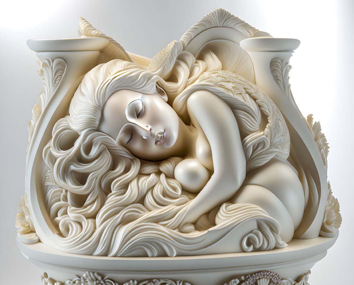 Detailed sculpture of a serene woman reclining in ornate shell-like vessel