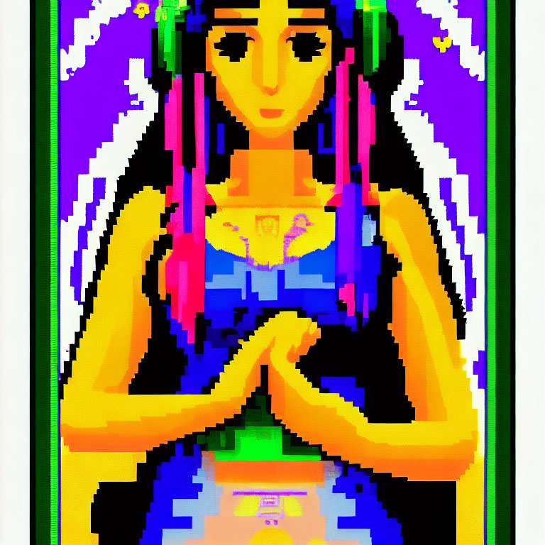 Pixelated image of person with long hair and headphones in colorful attire against abstract multicolored background