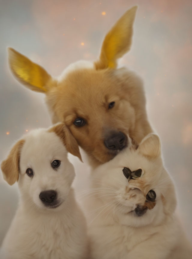 Golden adult dog with white kitten and puppy on speckled backdrop