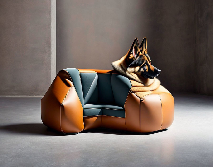German Shepherd Dog Relaxing on Modern Leather Car Seat Couch Indoors