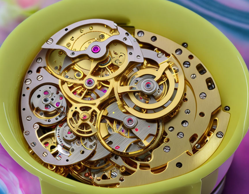Detailed view of intricate golden mechanical watch movement