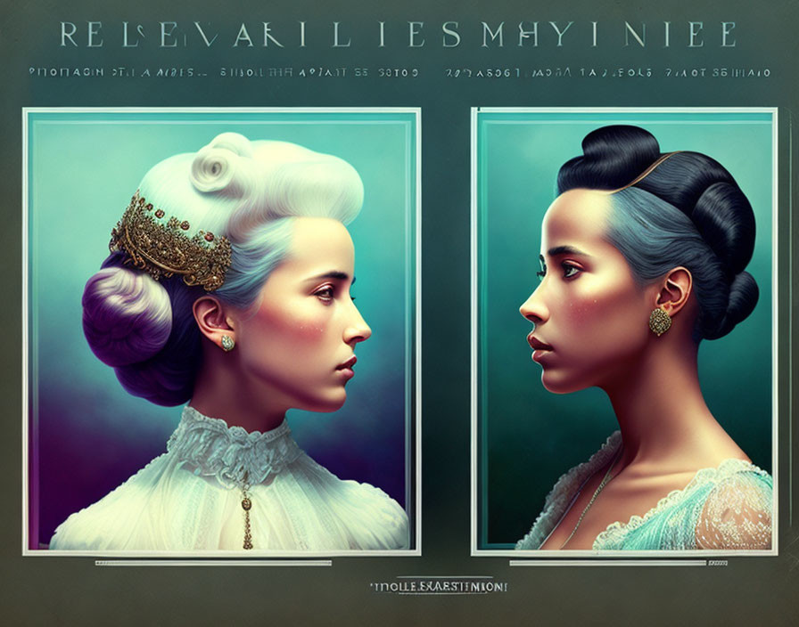Stylized portraits of a woman with blue hair and vintage attire, facing left and right, framed