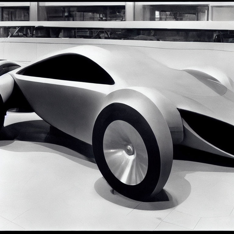 Sleek futuristic concept car showcased at exhibition with crowd.