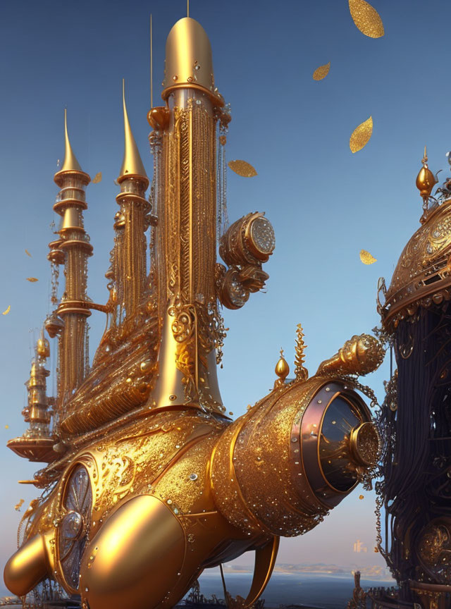 Golden Baroque Submarine Surrounded by Floating Leaves on Blue Sky