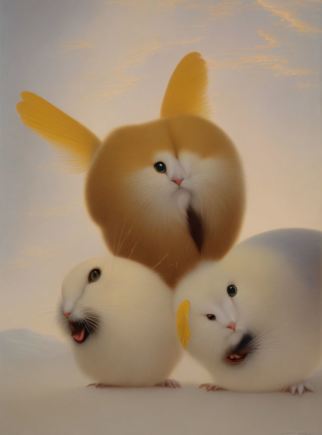 Whimsical bird-rabbit hybrids with wings and beaks in soft tones