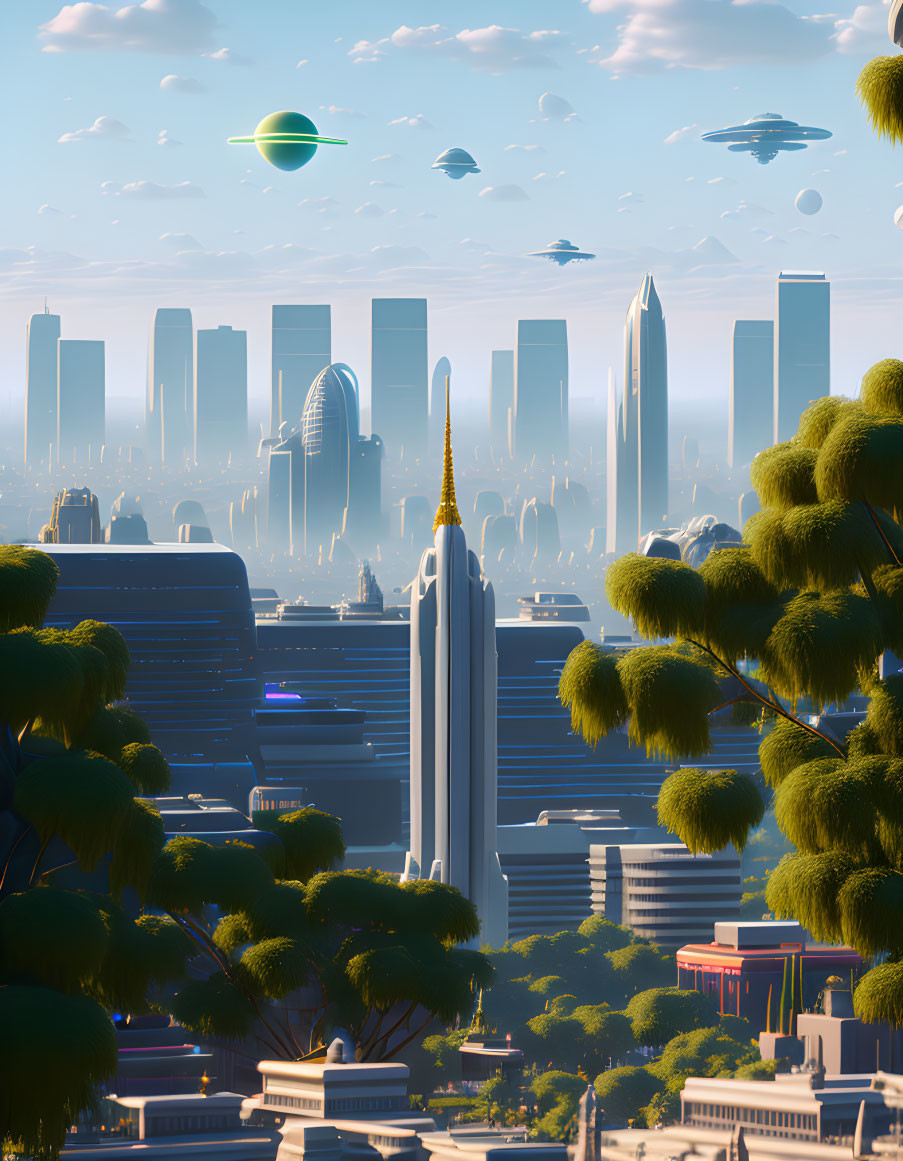 Futuristic cityscape with greenery, skyscrapers, flying vehicles, and spire-like