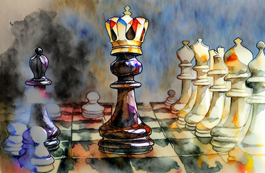 Stylized painting of chessboard with black king and white pieces in smoky background