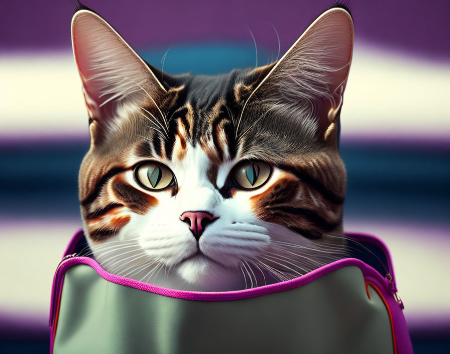 Tabby Cat with Orange Eyes in Gray Backpack on Purple Striped Background