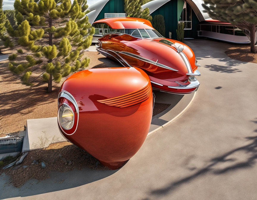 Futuristic orange car-like structure near matching building and pine trees
