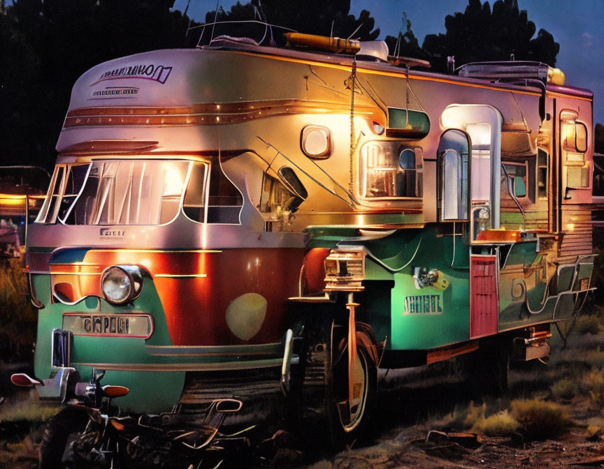 Colorful Vintage Bus with "Grateful Dead" Inscription and Motorcycle at Twilight