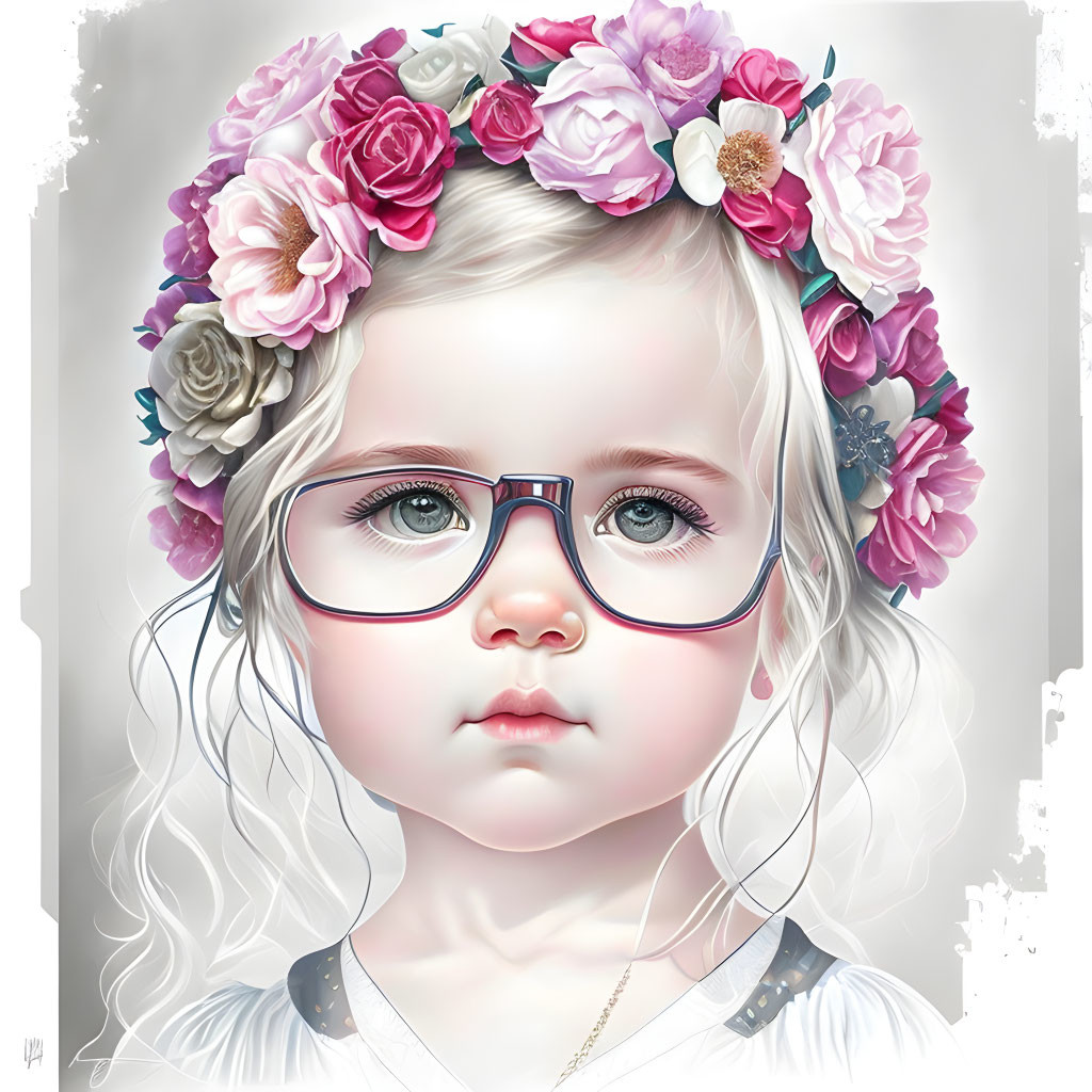Young girl with blue eyes and glasses wearing a flower crown in digital art