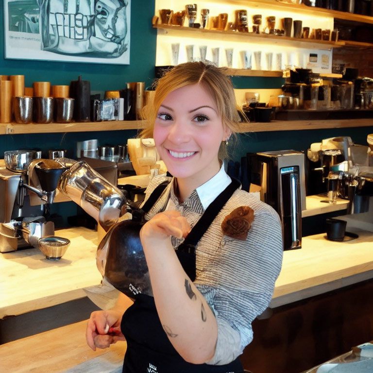 Barista with arm tattoo pouring coffee in café setting