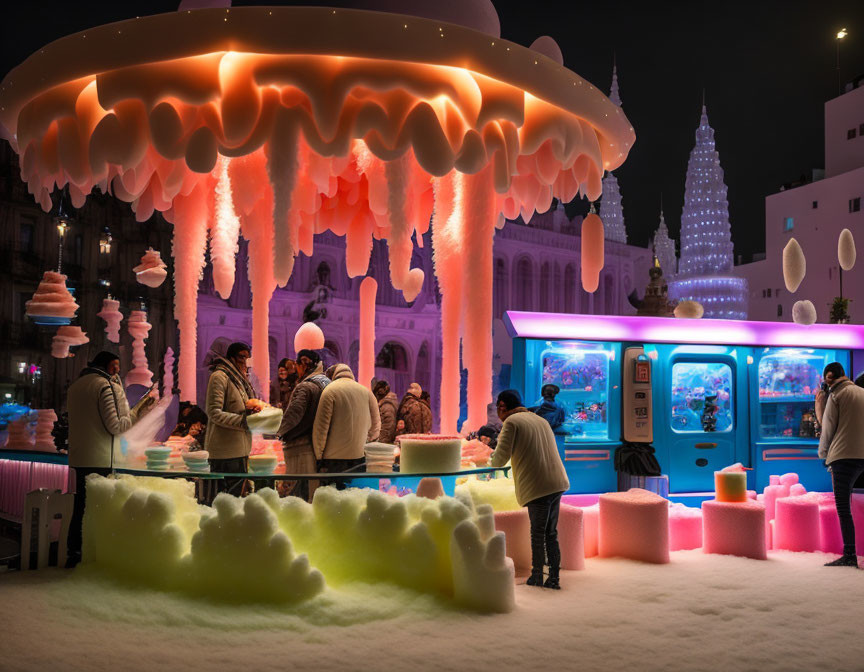 Vibrant outdoor food stall in hot chocolate cup design surrounded by people
