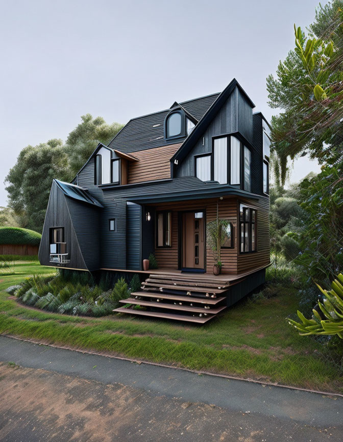 Modern Two-Story Black House with Brown Accents and Green Shrubbery