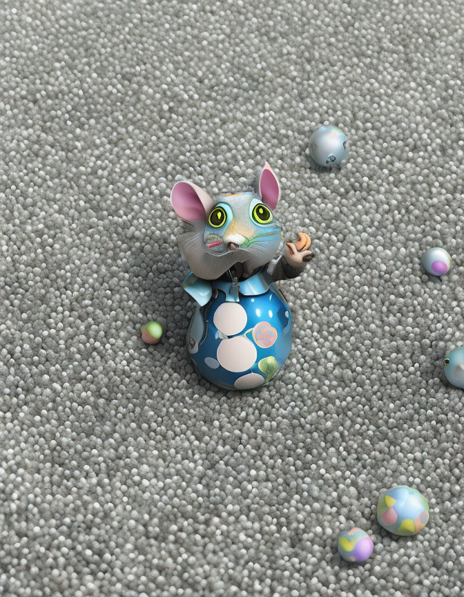 Anthropomorphic mouse in blue egg with Easter eggs on grey surface
