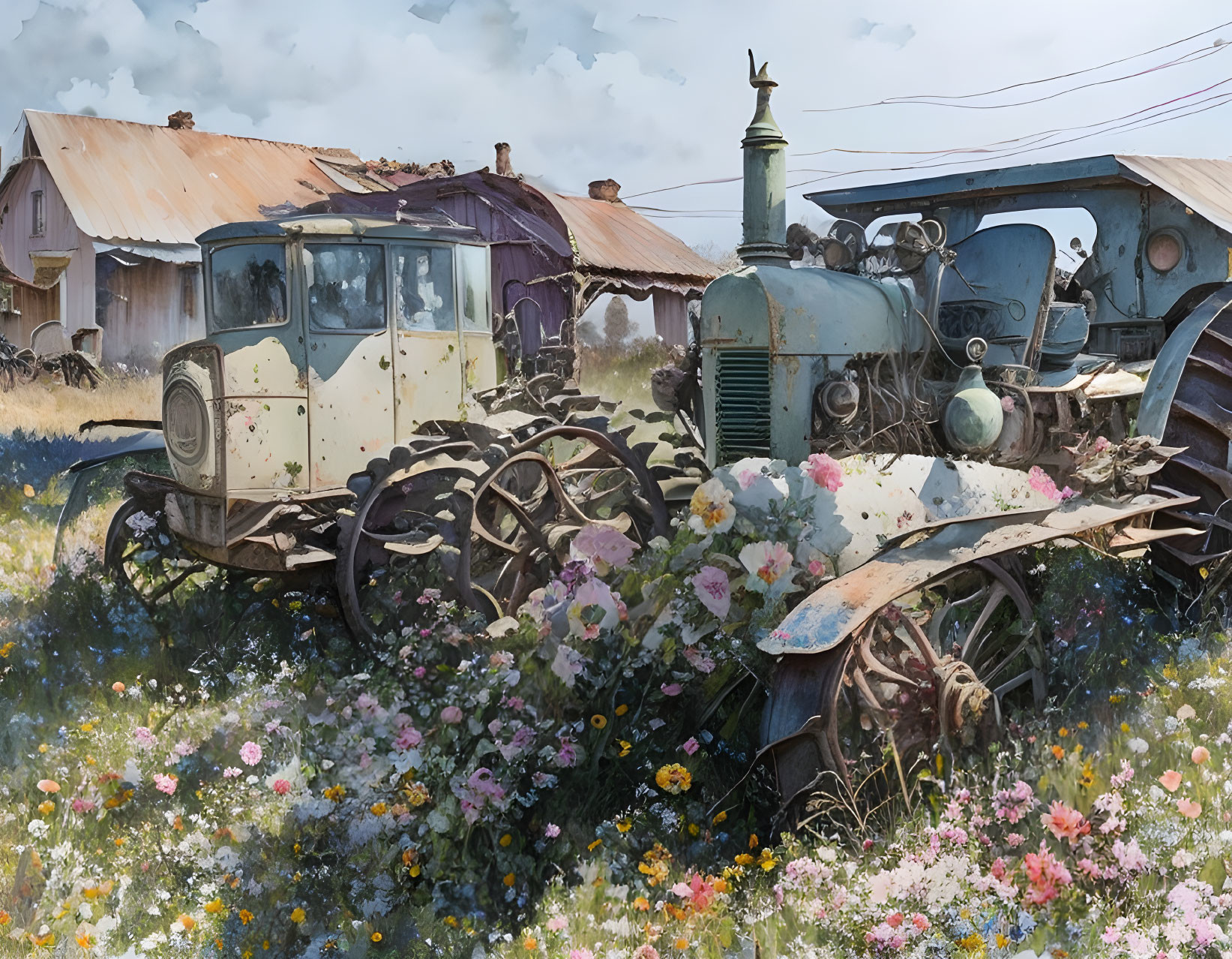 Vintage Vehicles and Tractor Covered in Flowers in Rural Setting