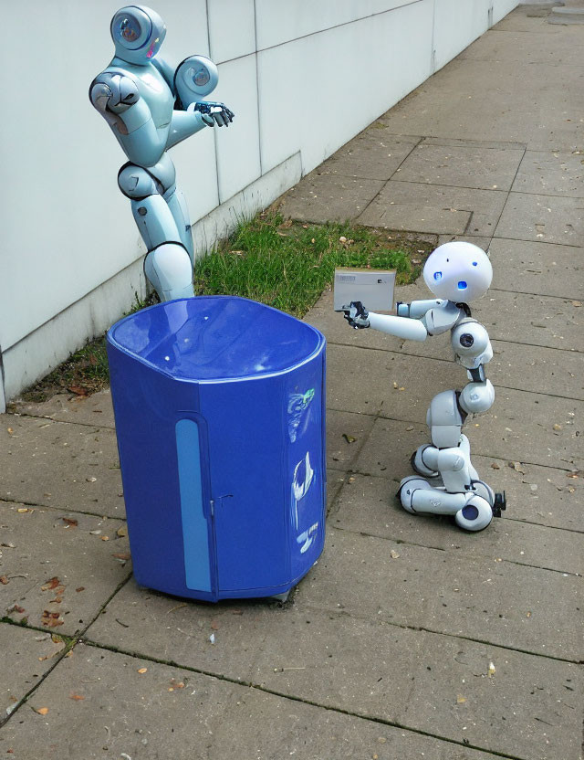 Two humanoid robots in bin and beside it on sidewalk with building backdrop.