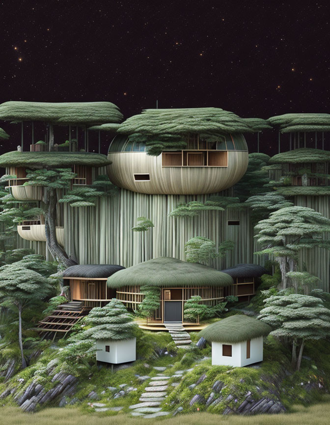 Modern treehouses in dense forest under starry night sky
