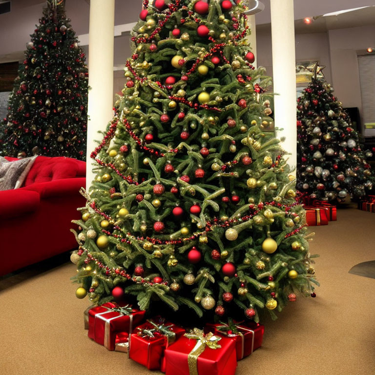Festive Christmas tree with red and golden ornaments and gifts beneath, surrounded by trees