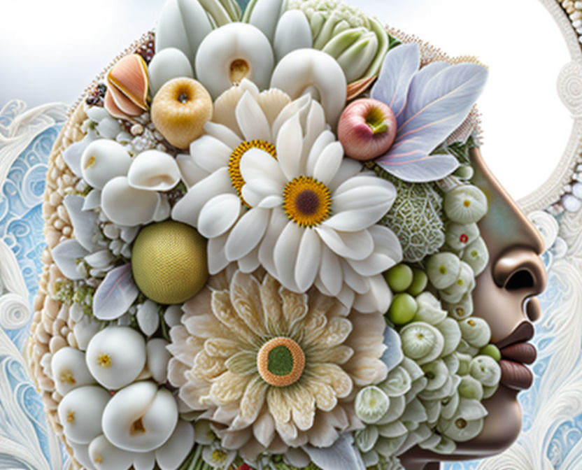 Profile portrait with diverse flowers and fruit for a tranquil look