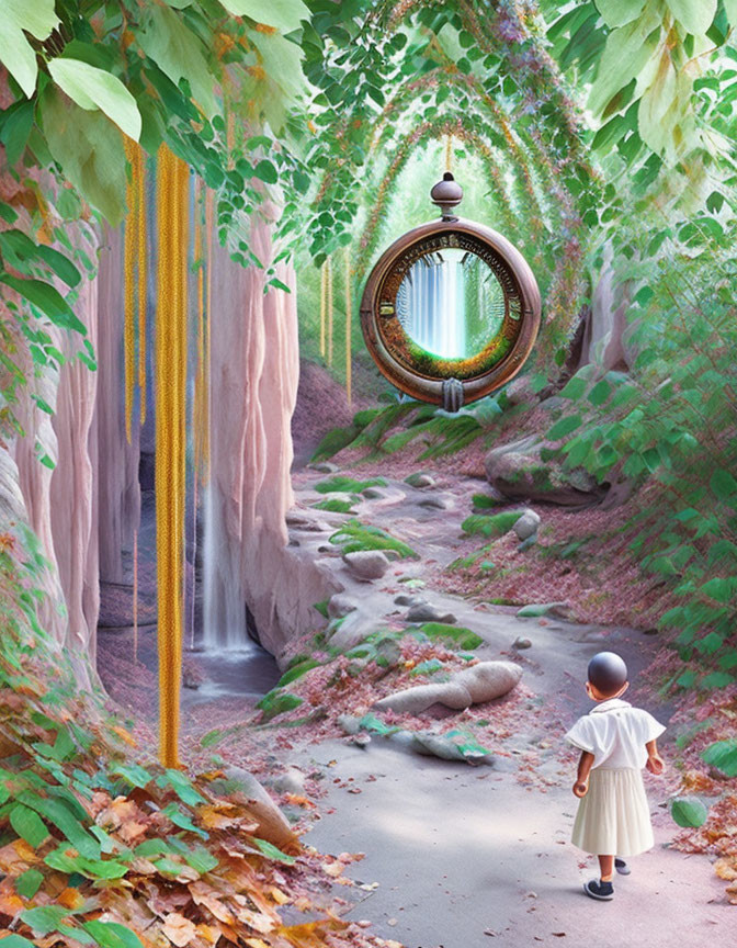 Child in white outfit walking on surreal forest path with hanging mirror, waterfall, pink cliffs, and green