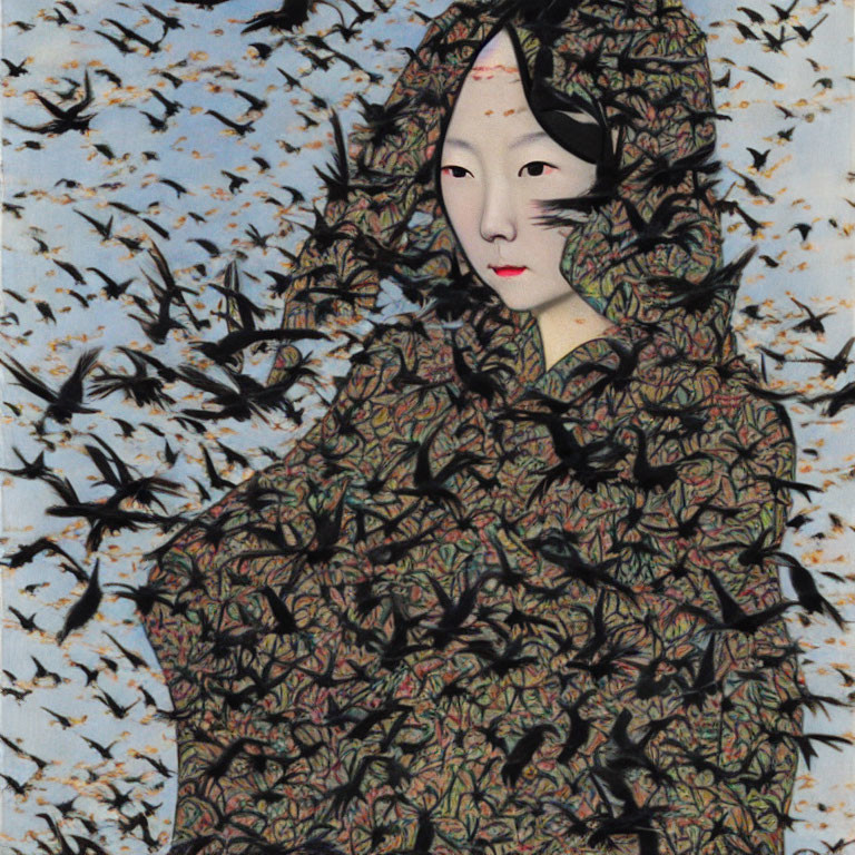 Portrait of person with pale skin and red lips in patterned garment among black birds