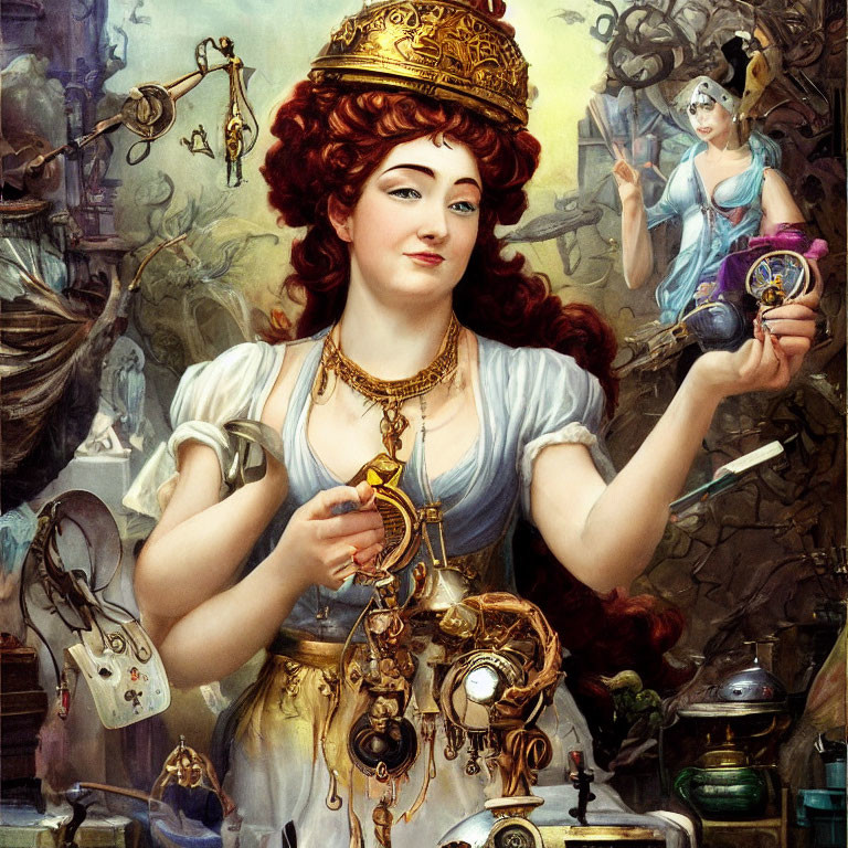 Whimsical painting of red-haired woman with timepieces and fairy