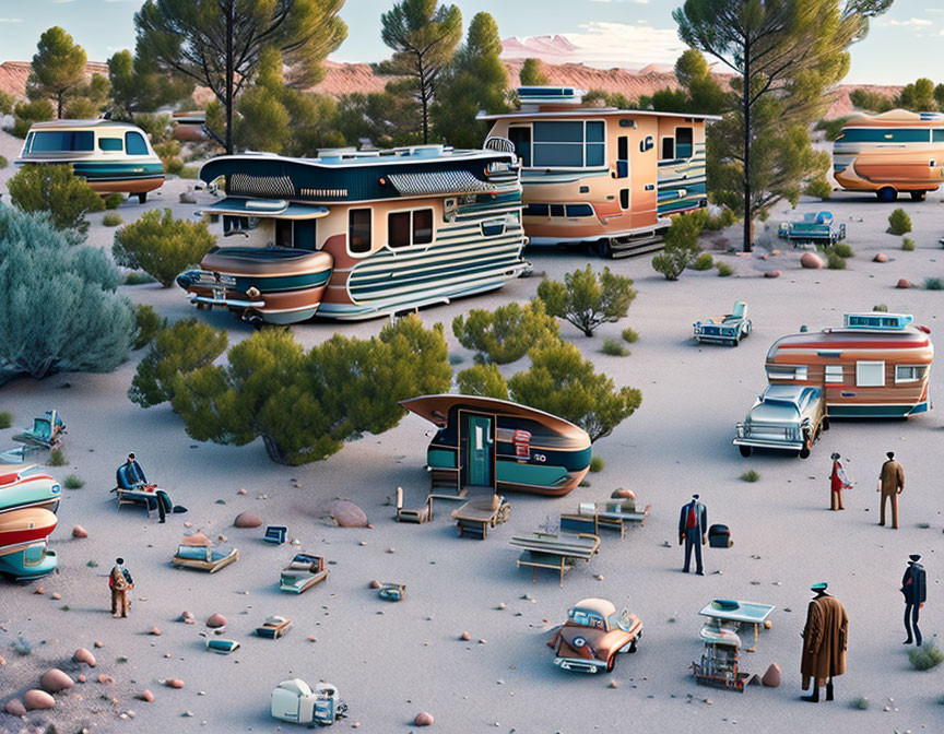 Vintage Campers and Cars in Desert Scene with People and Sparse Vegetation